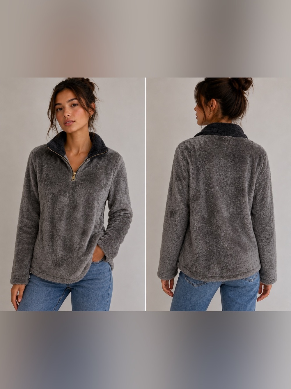 Wanna B Gray Plush Faux Fur Collared Quarter Zip Pullover Black Trim Size Large